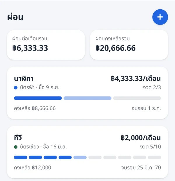 หน้าผ่อนในแอป นาฬิกางวด 2 จาก 3 เดือนละ ฿4,333.33 และทีวีงวด 5 จาก 10 เดือนละ ฿2,000